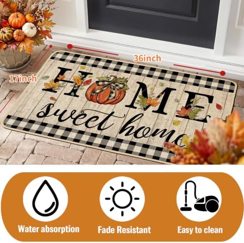 ORTIGIA Fall Pumpkin Doormat Home Sweet Home Indoor Outdoor Patio Autumn Welcome Door Mats Thanksgiving Non-Slip Durable Entrance Mat for Home Entrance Outside Entry Yard Floor Patio 17x36 INCH