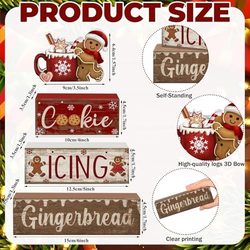 Moucuny 4 Pcs Christmas Table Decor Wooden Gingerbread Cocoa Block Signs