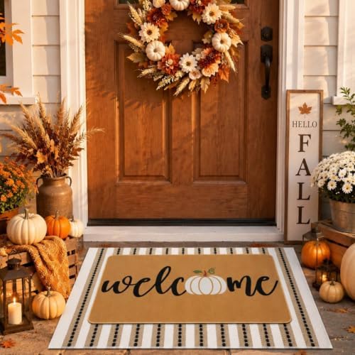 Tinideya 2 Pcs Fall Door Mat Set, Pumpkin Welcome Mat Beige Striped Rug