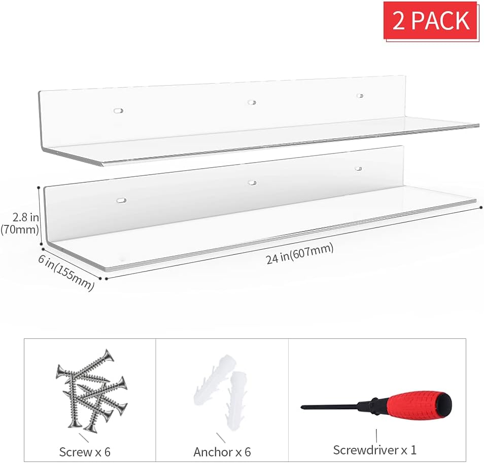Sezanrpt 24 Inches Clear Floating Shelves for Wall, Acrylic Long Wall Shelf, Wall Mounted Shelves for Plants, Speaker
