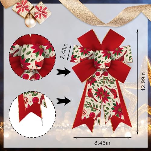 Estivaux 2 Pieces Christmas Bows for Wreath, Merry Christmas Wreath Bows Red Burlap Bows Xmas Craft Bows Ornaments Winter Leaf Flower Tree Bows for Front Door Christmas New Year Decorations