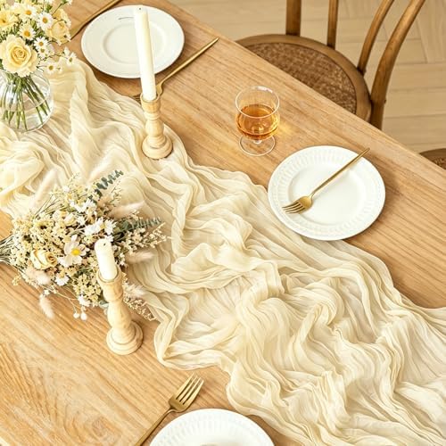 6Pcs Beige Table Runner, 10FT Rustic Cheesecloth Table Runner 35*120inch Boho Beige Runner for Wedding Bridal Shower Baby Shower Table Centerpiece Decorations