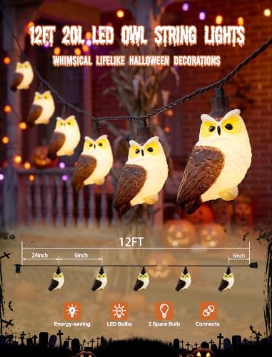 12FT Halloween Owl String Lights, 20L LED Plug in Owl Lights