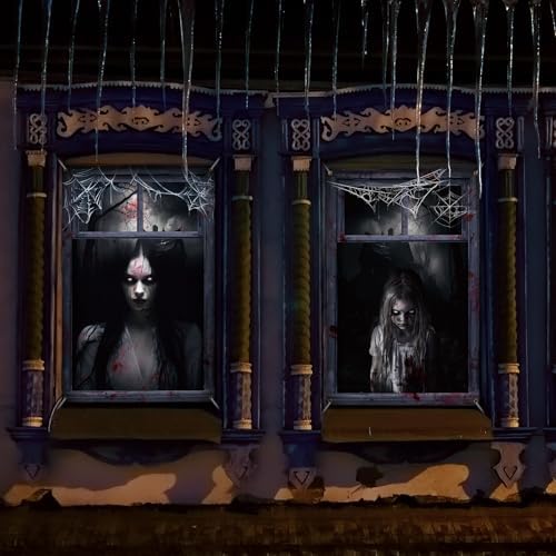 Newwiee 2 Pcs Scary Halloween Curtain Window Silhouette Cover Female Ghost
