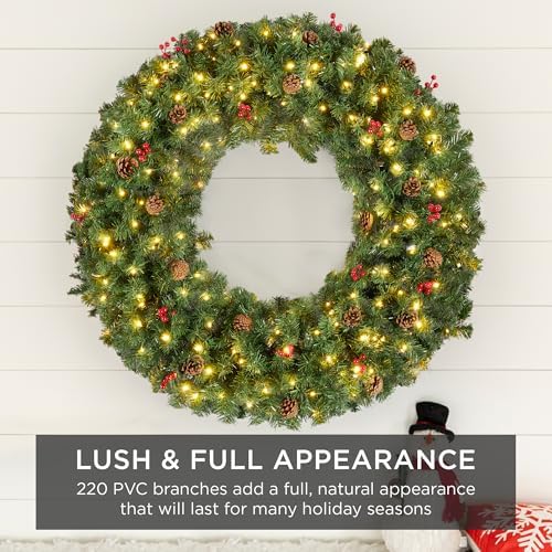Best Choice Products 30in Pre-Lit Christmas Wreath w/Berries & Pinecones, Large Artificial Indoor/Outdoor Decor for Door, Mantel, Plug-in