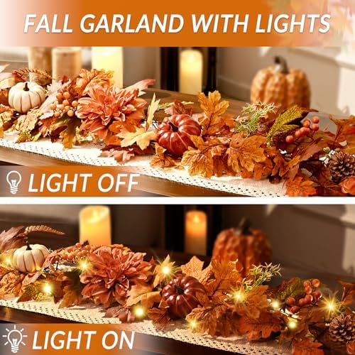 2 Pcs Fall Garland for Mantle, 6 FT Fall Garland with Lights