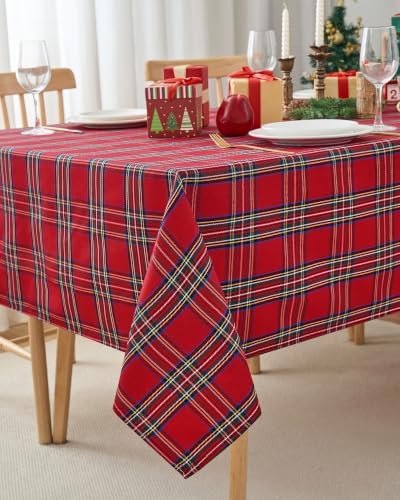 Red Christmas Tablecloth Square, Tartan Plaid, 60x60 Inch