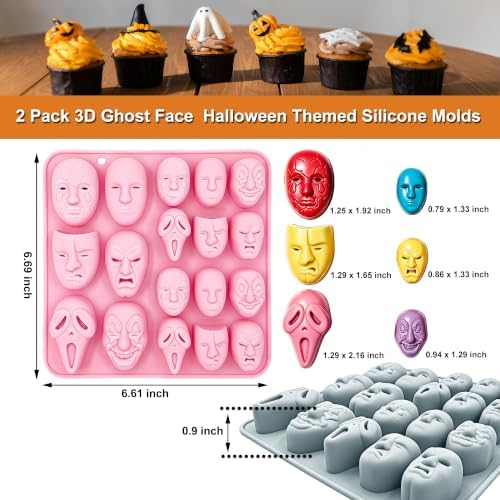 2 Pack 3D Ghost Face Silicone Molds 18 Cavity Halloween Themed Baking Mould Tray DIY Baking Tool for Chocolate Cake Dessert Candy Mousse Pastry Cupcake Topper Handmade Soap Crayons Plaster Casting