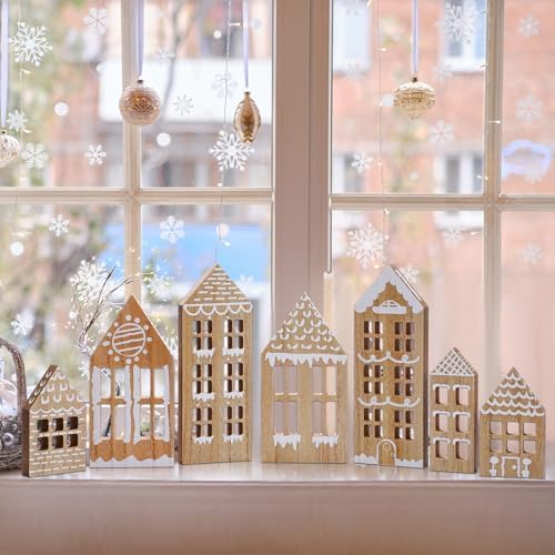 Briwooody 7 Wooden Christmas Village Houses Set, Brown