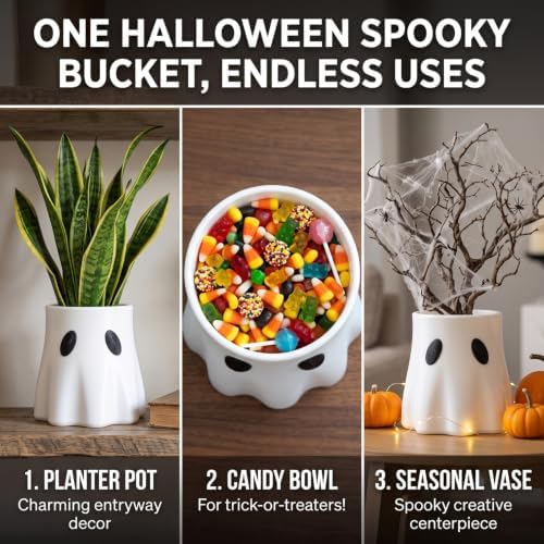 Ghost Bucket Vase, Funny Halloween Ghost Bucket Decor, Cute Candy Bowl & Planter Pot, Indoor Outdoor Garden Home Decor, Spooky Halloween Bucket Pot for Plants or Candy