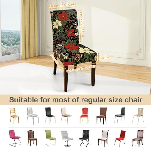 Flower Chair Covers for Dining Room – Festive Holiday Floral Print Slipcovers with Red Poinsettia, Pinecones & Holly – Stretch Washable Dining Chair Protector for Winter Decor, Parties