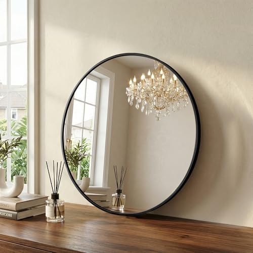 20 Inch Black Round Bathroom Wall Mirror, Round Mirrors for Wall Decor, Circle Mirror for with HD Shatter-Proof Glass