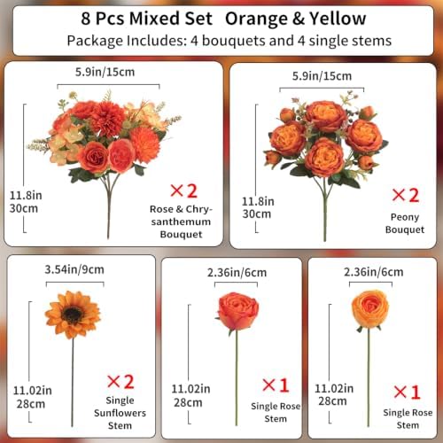 8 Pcs Mixed Autumn Artificial Peony Flower Set-4 Bouquets & 4 Stems, Orange Yellow Fake Peony Sunflower Rose Silk Flower for Fall Table Centerpiece Farm Wedding Thanksgiving Halloween Home Decor