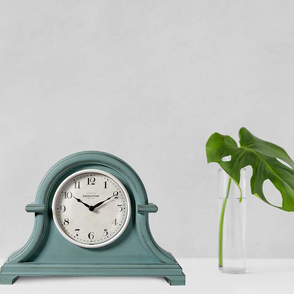 Napoleon Mantel, Desk & Shelf Clock, Vintage | 13 x 10 inch, Domed Lens, Quartz Movement, ABS Plastic Case, Aged Teal