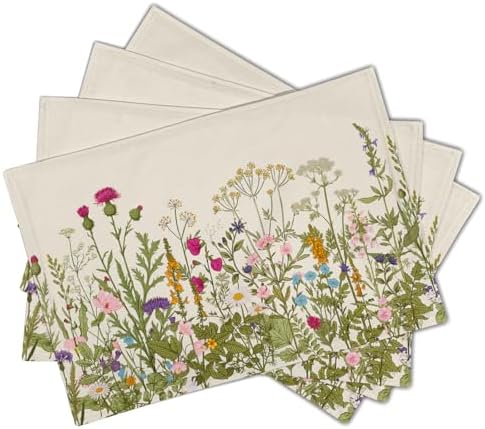 Spring Summer Floral Placemats Set of 6 18x12 Inch Antique Herbs and Wild Flowers Linen Place Mat Heat-Resistant Washable Wipeable Wildflower Table Mat for Party Kitchen Dining Home Decor