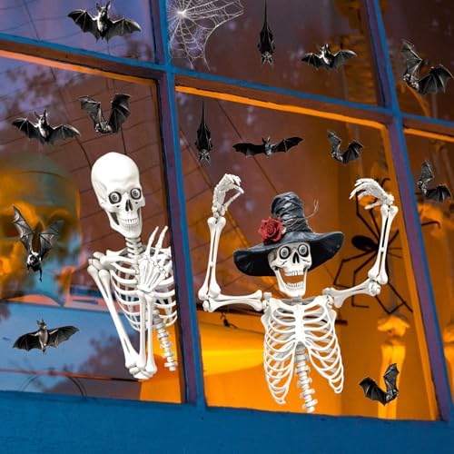 CCINEE Halloween Window Clings, Extra Large Spooky Skeletons and Bats Window Stickers for Home School Office Glass and Halloween Party Indoor Outdoor Decor, 4 Sheets