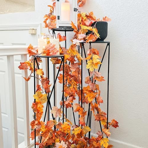 CQURE 8 Pack Fall Leaf Garland, Total 47.2Ft Artificial Fall Maple Leaves Autumn Vines Garland Thanksgiving Decor for Home Fireplace Party