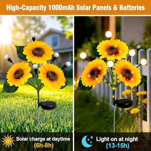 Sunflower Solar Lights Outdoor, 2 Pack Sunflowers with Firefly Lights, Waterproof Solar Flower Lights with 1000mAh Battery for Patio Porch Lawn, Gifts for Mom Women Grandma, Yard Decorations Outdoor