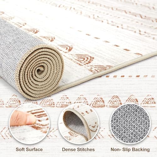 Nakagishi Round Rug Boho Area Rugs: 5x5 Washable Large Circle Neutral Soft Stain Resistant Non-Slip Carpet for Women
