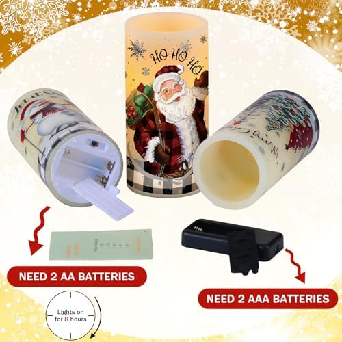 Retisee 3 Pcs Christmas Flameless Candles with Remote Timer Real Wax LED Flickering Pillar Candle White Cold Light Battery Operated for Home Window Xmas Gift Winter Holiday Decor(Buffalo Plaid)