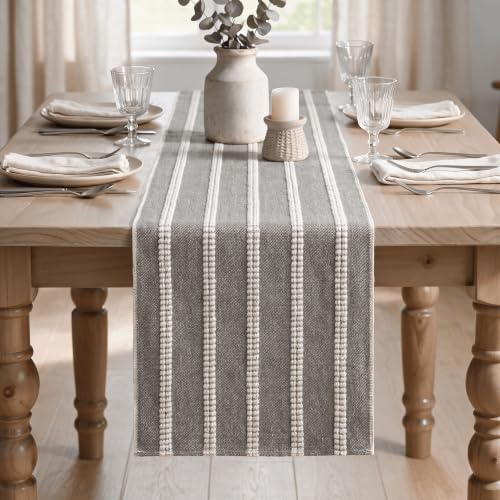 Artoid Mode Grey Farmhouse Dashed Stripe Table Runner, Seasonal Holiday Boho Rustic Kitchen Dining Table Decoration for Home Party Decor 12x72 Inch