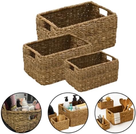 Seagrass Woven Storage Baskets Woven Rectangular Organizer Set / Natural / Set of 3