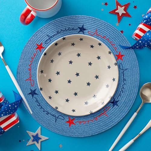 Whaline 4Pcs Round Patriotic Placemats Stars Embroidered Place Mats 4th of July Dinner Table Mats for Independence Day 250th Anniversary Home Birthday Party Decor