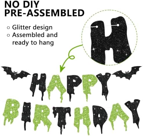 Glitter Happy Birthday Halloween Banner - NO DIY - Halloween Hanging Paper Garland Bunting Banner Decorations, Party Supplies for Kids Boy Girl Birthday Black Green