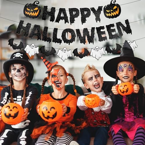 Black Glitter Happy Halloween Banner - Halloween Hanging Paper Garland Bunting Banner with Pumpkin, Ghost, and Bat Decorations, Photo Backdrop for Wall Home Mantle Office Wall Scary Party Supplies