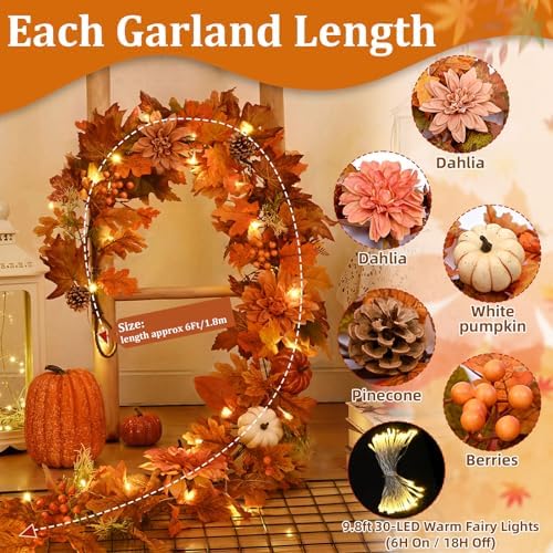 2 Pcs Fall Garland for Mantle, 6 FT Fall Garland with Lights