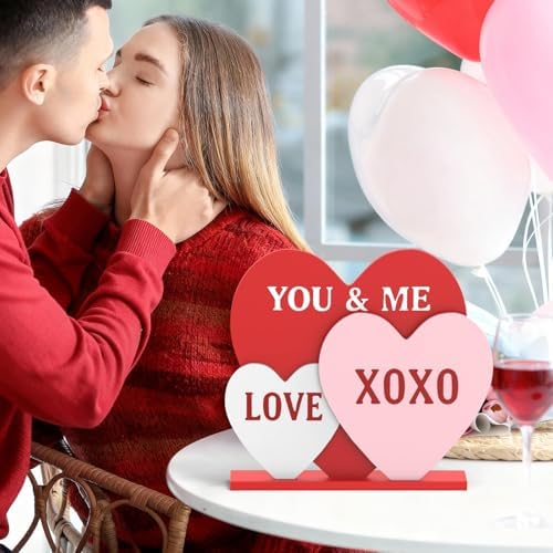 OLANRUN Valentines Day Decorations, 8.7 Inch Valentine Table Decorations Wooden Heart Sign with Letter LOVE XOXO, Valentines Day Decor Indoor for Home Office Kitchen Tiered Tray Table Fireplace Mantel