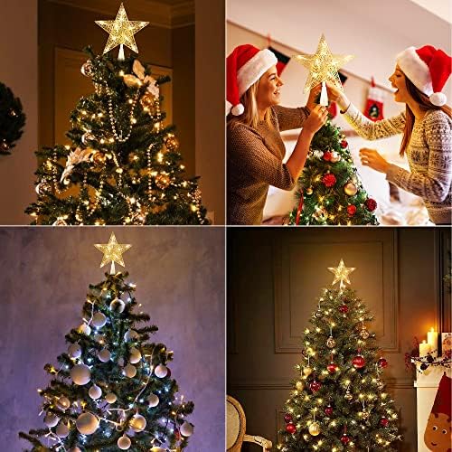 Brizled Gold Christmas Tree Topper, 9“ Hollow-Out Xmas Star with 10 Lights