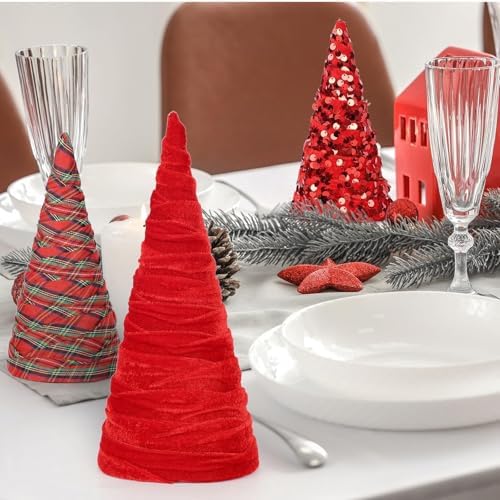 6 Pcs 12" 10" 6"Buffalo Plaid Christmas Velvet Cone Trees Decoration Christmas Glitter Tree Farmhouse Buffalo Plaid Tiered Tray Ornament for Xmas Home Holiday Entryway Tabletop Tree Centerpiece Decor