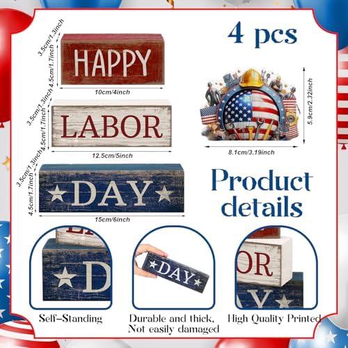Moucuny 4 Pcs Labor Day Red White Blue Wooden Block Signs Table Decor
