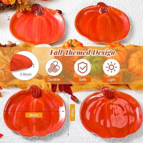 Rtteri 4 Pcs Pumpkin Shaped Plates Set Thanksgiving Serving Platter 8 Inch Fall Harvest Trays Decoration Salad Dessert Turkey Dish for Autumn Thanksgiving Party Supplies(Classic Style)