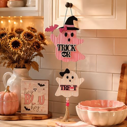 Valery Madelyn Pink Halloween Decor, Cute Halloween Door Wreath Decorations, Ghost with Witch Hat Wooden Hanging Sign for Wall Window Door Handle, 22 inch