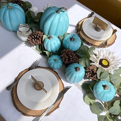 Winlyn 7 Pcs Assorted Artificial Teal Blue Pumpkins Halloween Faux Coastal Decorative Foam Pumpkins for Fall Baby Shower Thanksgiving Halloween Table Centerpiece Shelf Mantel Décor