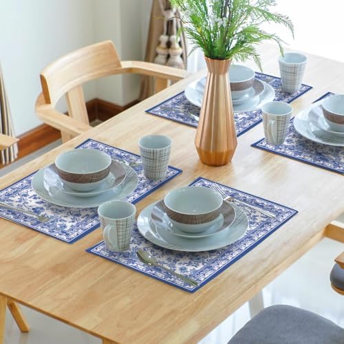 Blue Floral Placemats Set of 4 18x12 Inch Chinoiserie Blue and White Linen Place Mats Heat-Resistant Washable Wipeable French Toile Table Mat for Party Kitchen Dining Room Dinner Table Decor
