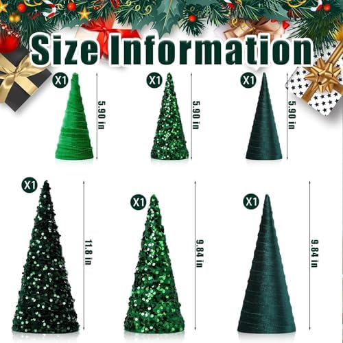 6 Pcs 12" 10" 6" Christmas Green Velet Cone Tree Decoration Christmas Glitter Table Tree Farmhouse Tree Tiered Tray Ornament Xmas Tree for Home Holiday Entryway Tabletop Tree Centerpiece Decor