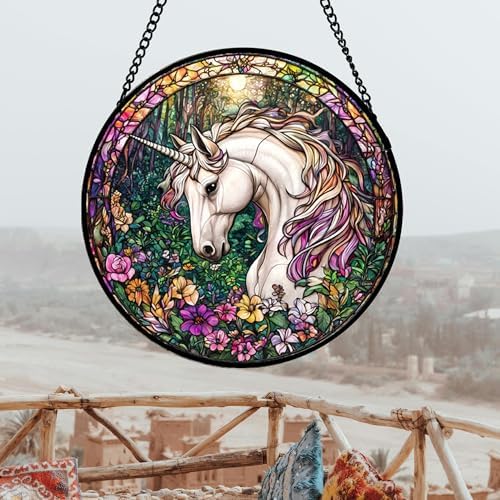 Unicorn in Flower Forest Stained Glass Window Hanging Suncatcher Gift 15"