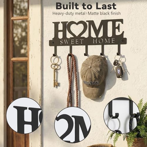 Entryway Wall Key Holder with 5 Hooks, Metal Key Rack Wall Mount for Keys, Bags and Leashes, Decorative Organizer for