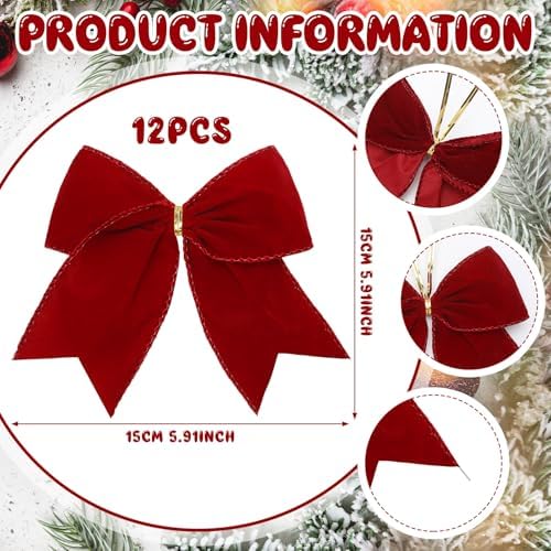 Janinka 12 Pcs 6 Inch Christmas Velvet Bows Decor Burgundy, Wine Red
