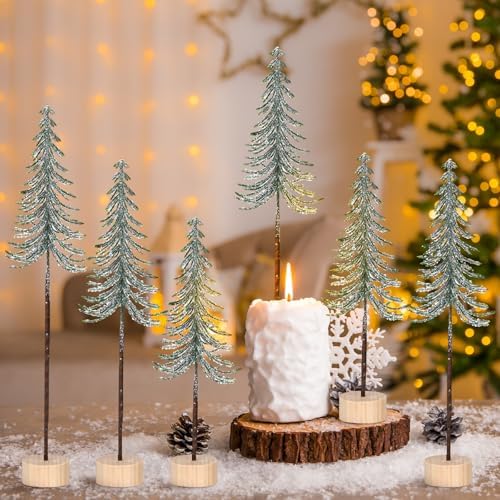 Jetec 6 Pcs Mini Christmas Tree Small Alpine Trees Tabletop Artificial Pine Christmas Tree with Wooden Base Snow Frost Village Bottle Brush Trees Holiday Season Decoration Centerpiece Displays(Green)