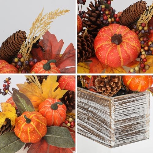 DILATATA Fall Decor Autumn Harvest Pumpkins Centerpiece - Artificial Maple Leaves, Berries and Pinecones Arrangement in Rectangle Wooden Box for Thanksgiving Party Mantel Fall Decor