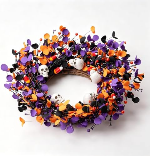 Halloweeen Wreath with White Skull 22 Inch Halloween Wreaths for Front Door with Black Eucalyptus Leaves White Skull Orange Berries for Window Porch Indoor Party Holiday Wall Home