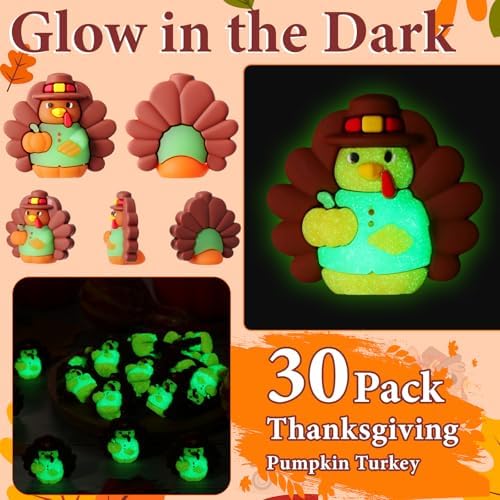 Domensi 30 Pcs Thanksgiving Mini Turkey Glow in Dark Figures Gifts, Pumpkin
