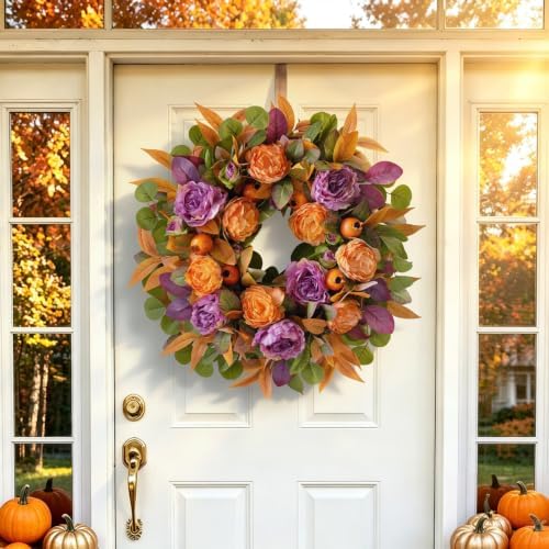 24 Inch Harvest Fall Wreath for Front Door Outside with Orange Purple Peony