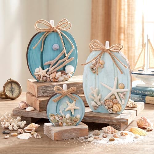 Colingmill 3 Pcs Coastal Fall Wooden Pumpkin Blue Fall Decoration for Home