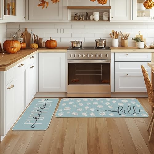 Artoid Mode Blue Hello Pumpkin Fall Kitchen Mats Set of 2, Autumn Home Decor Low-Profile Kitchen Rugs for Floor - 17x29