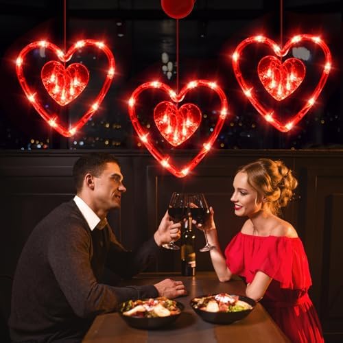 LOLStar 3 Pack Valentines Day Window Lights Decor with Timer Battery Operated Red Heart-Shaped Window Decor Silhouette Sucker LED Lamp Slow Fade Mode Hanging Lights for 2026 Holiday